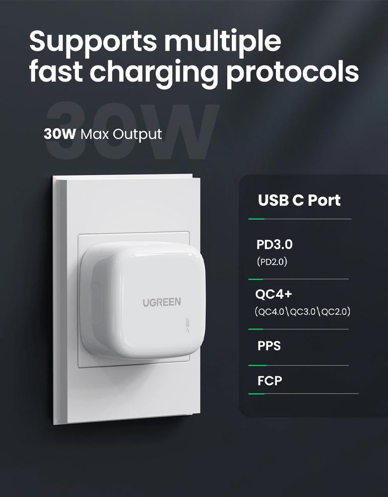 شاحن جداري 30 واط UGREEN CD127 - منفذ Type-C - بتقنية PD لشحن السريع
