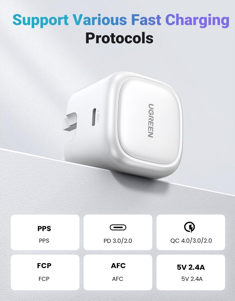 شاحن جداري 30 واط UGREEN CD305 Type-C -شحن السريع بتقنية GaN - أبيض