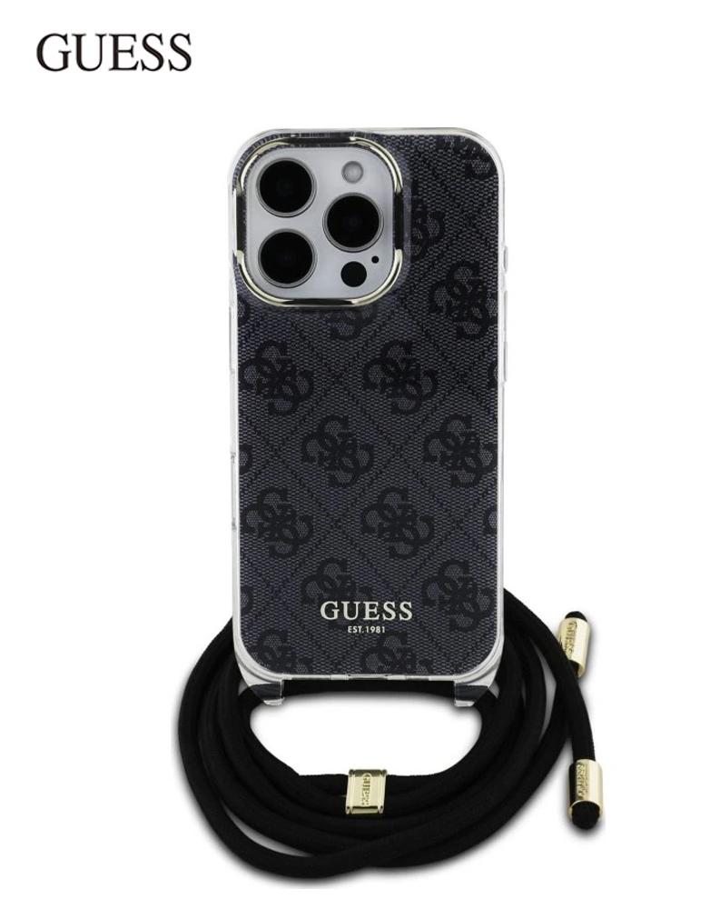 كفر ايفون 16 برو من GUESS - بتصميم نقشة 4G وشعار GUESS - حبل كتف -أسود