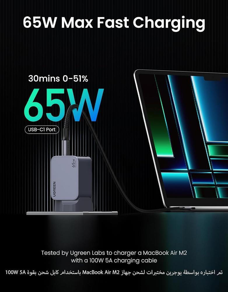 شاحن نيكسود برو Ugreen X755 GaN - منفذين Type-C ومنفذUSB - بقوة 65 واط