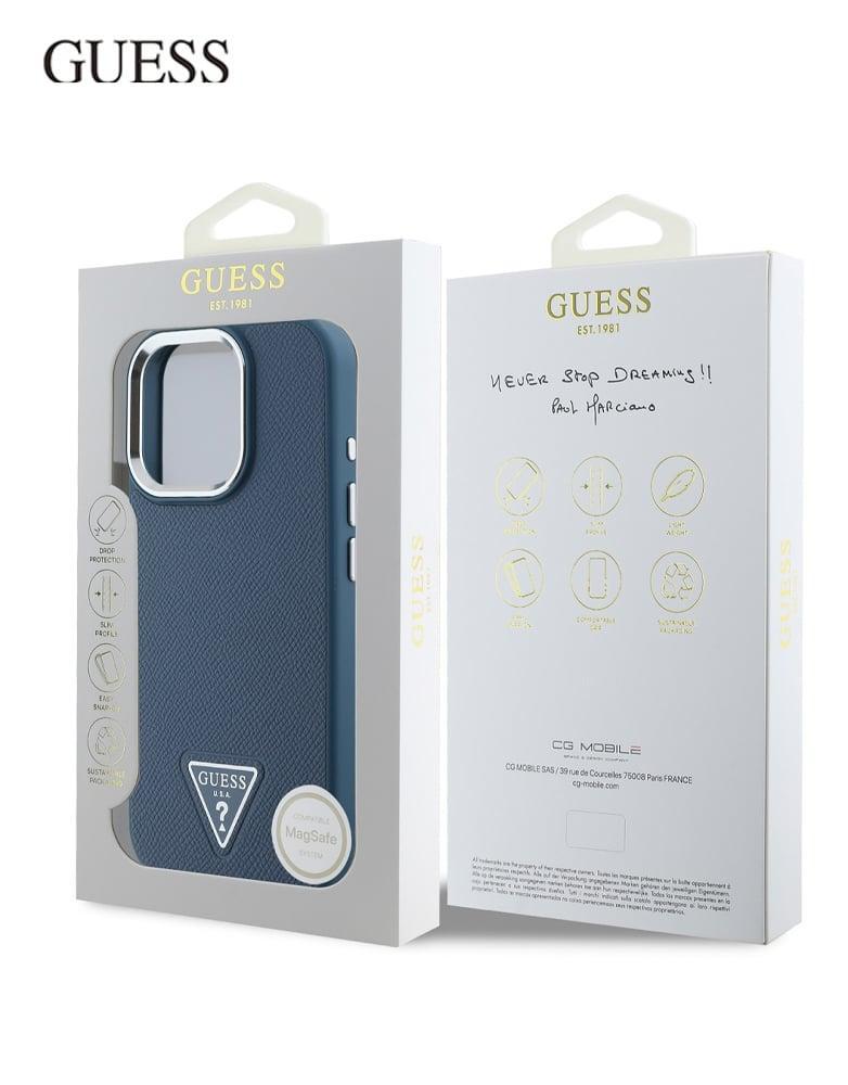 كفر ايفون 16 برو ماكس GUESS - تصميم جلد حبيبي وشعار Guess المثلث -أزرق