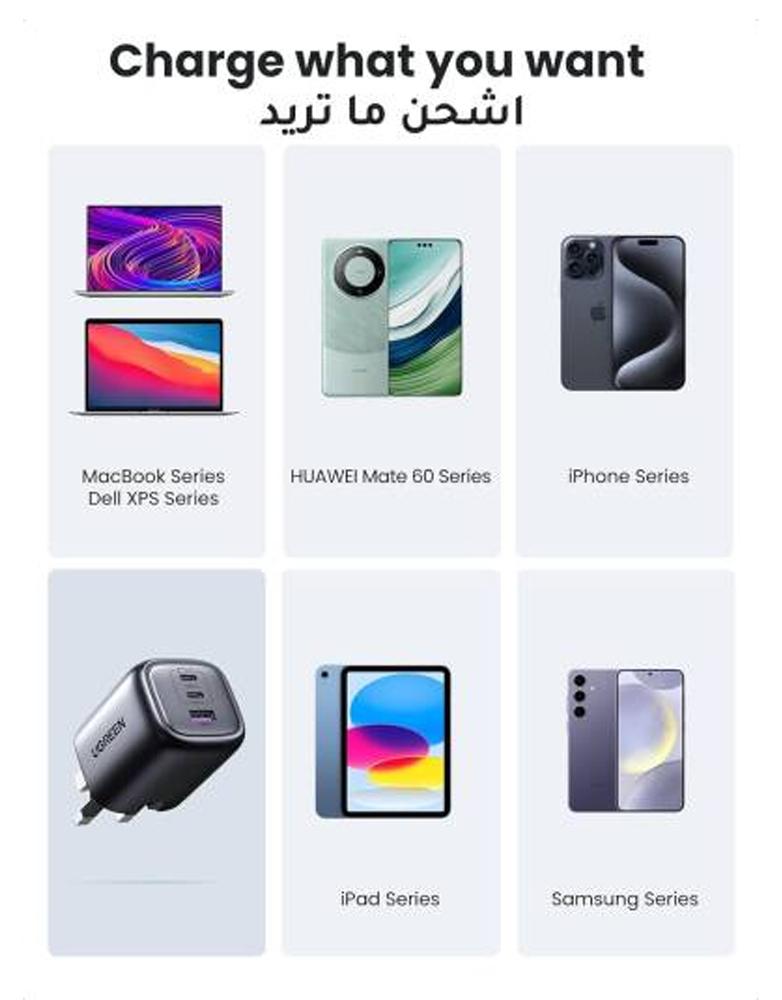 شاحن جداري 65 واط UGREEN CD226 - بـ3 منافذ Type-C ومنفذ USB-A - رمادي