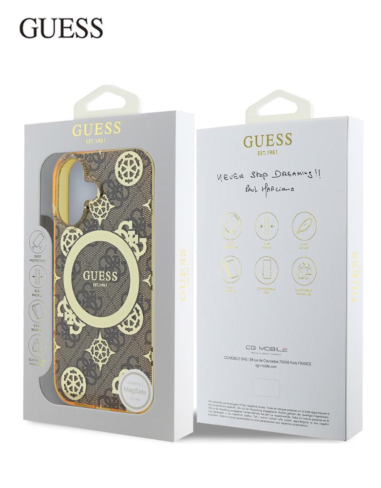 جراب ايفون 16 من Guess - تصميم يجمع بين نقشة 4G وزهور الفاوانيا - بني