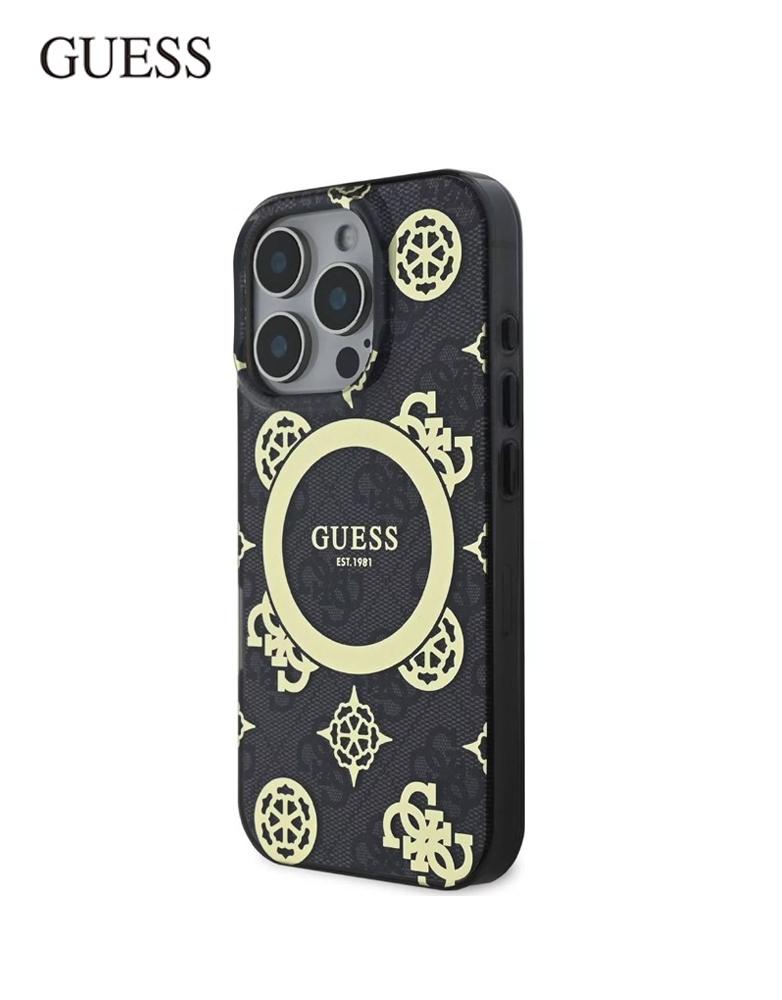 جراب ايفون 16 برو Guess - تصميم يجمع بين نقشة 4G وزهور الفاوانيا -أسود