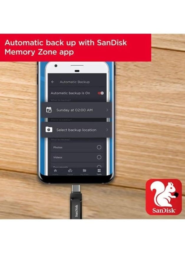 ذاكرة فلاش SanDisk Ultra Dual Drive Go USB Type-C بسعة 256 جيجابايت، مخصصة للهواتف الذكية والأجهزة اللوحية وأجهزة الكمبيوتر، مع منفذي USB-A و USB-C