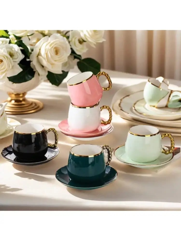 طقم كوب وصحون سيراميك بحافة ذهبية 250ML