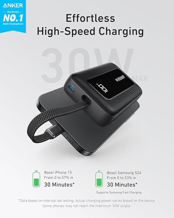 انكر باور بانك 10 كيه، 30 واط، كيبل USB-C مدمج، اسود