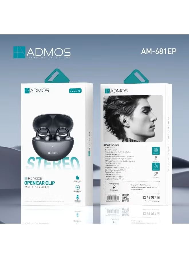 سماعات أذن لاسلكية حقيقية مفتوحة من ADMOS AM-681EP - صوت عالي الدقة، بلوتوث 5.3، عمر بطارية طويل سماعات أذن لاسلكية TWS، مشبك أذن مريح وخفيف الوزن، سماعات بلوتوث 5.3 بتصميم مناسب للجري والتمارين الرياضية، لون أسود - AM681EP