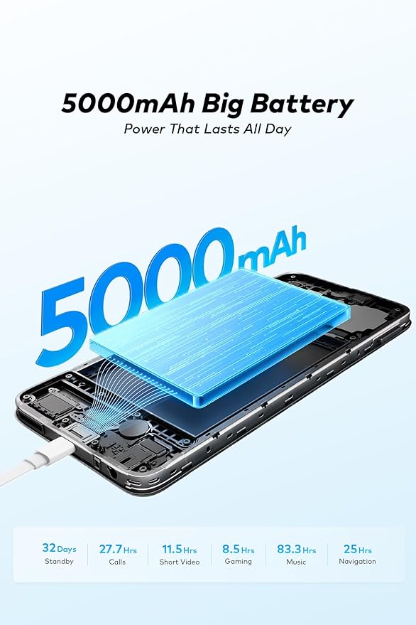 جوال A100c، 4G، ذاكرة تخزين 128 جيجابايت، أزرق بليز، اندرويد 14، 3 + 5 جيجابايت RAM، يونيسوك T7100، 6.6 بوصة FHD+، 90 هرتز، شاشة IPS ال سي دي من اي تيل
