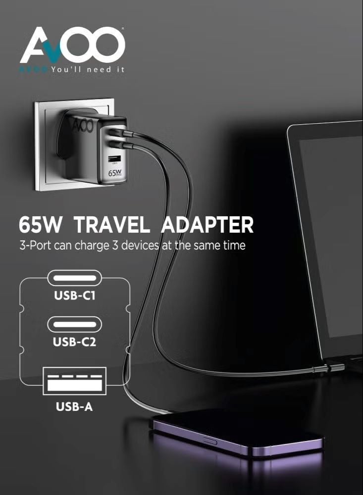 65W USB C charger, GaN charger, small-sized GaN fast charger with 3 ports for MacBook Pro/Air, iPhone 14/Pro, iPad Pro, Dell XPS, Galaxy S23/S22, Note20, Pixel, Apple Watch, and more, black