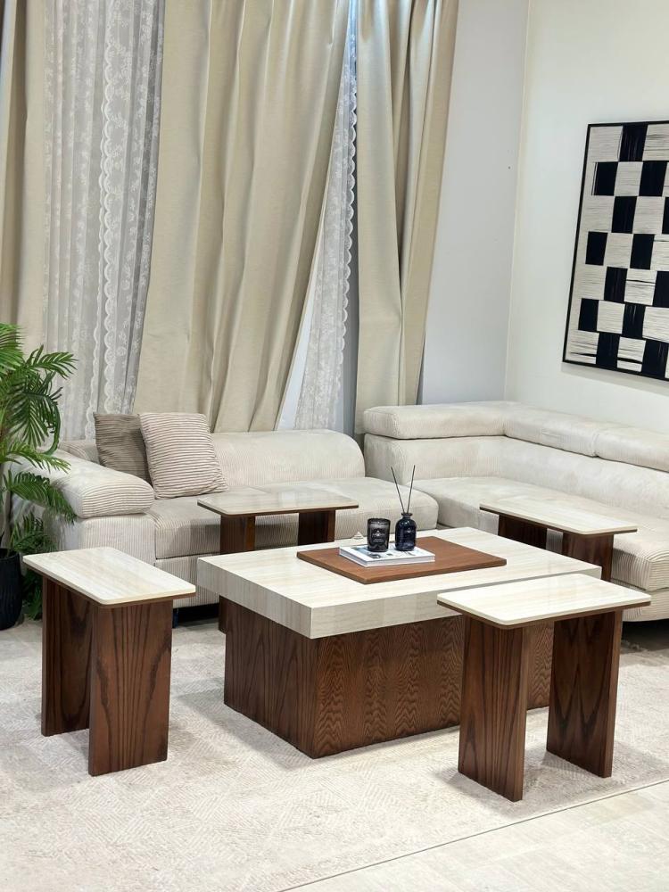 طقم طاولات ضيافة فاخر – قاعدة خشب سنديان وسطح بديل الرخام
