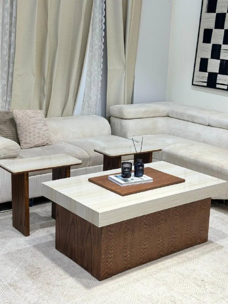 طقم طاولات ضيافة فاخر – قاعدة خشب سنديان وسطح بديل الرخام