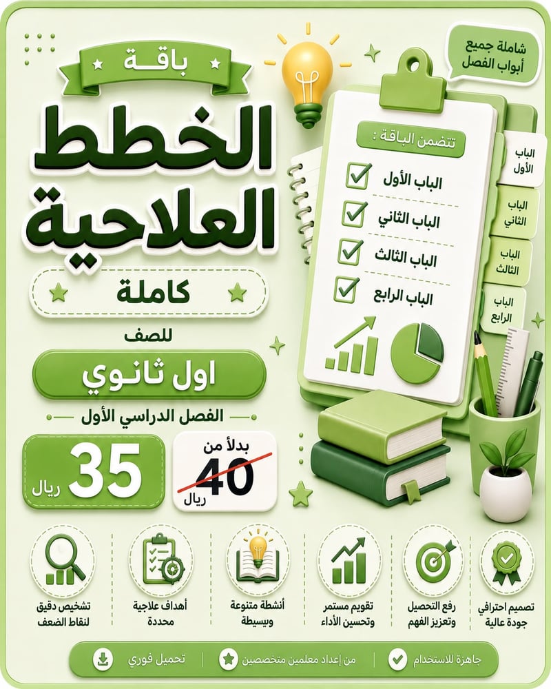 باقة الخطط العلاجية كاملة لجميه منهج رياضيات اول ثانوي ف1