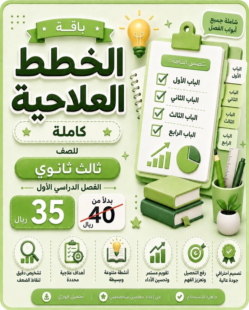 باقة الخطط العلاجية رياضيات ثالث ثانوي الفصل الدراسي الاول كاملة