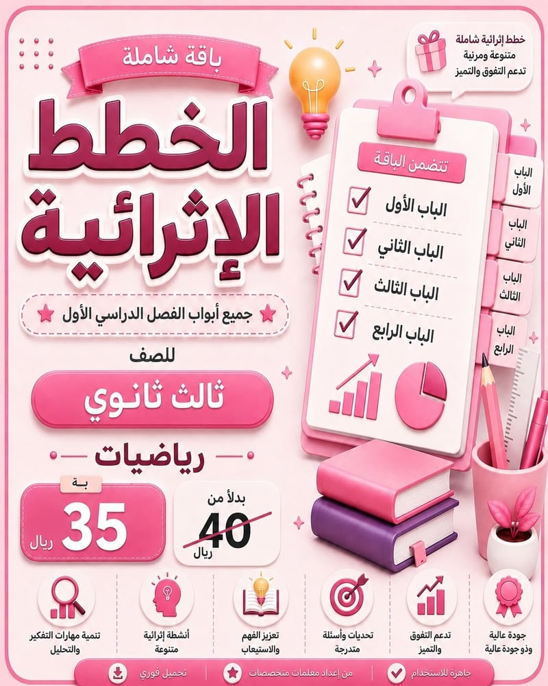 باقة الخطط الاثرائية رياضيات ثالث ثانوي للفصل الدراسي الاول كامله