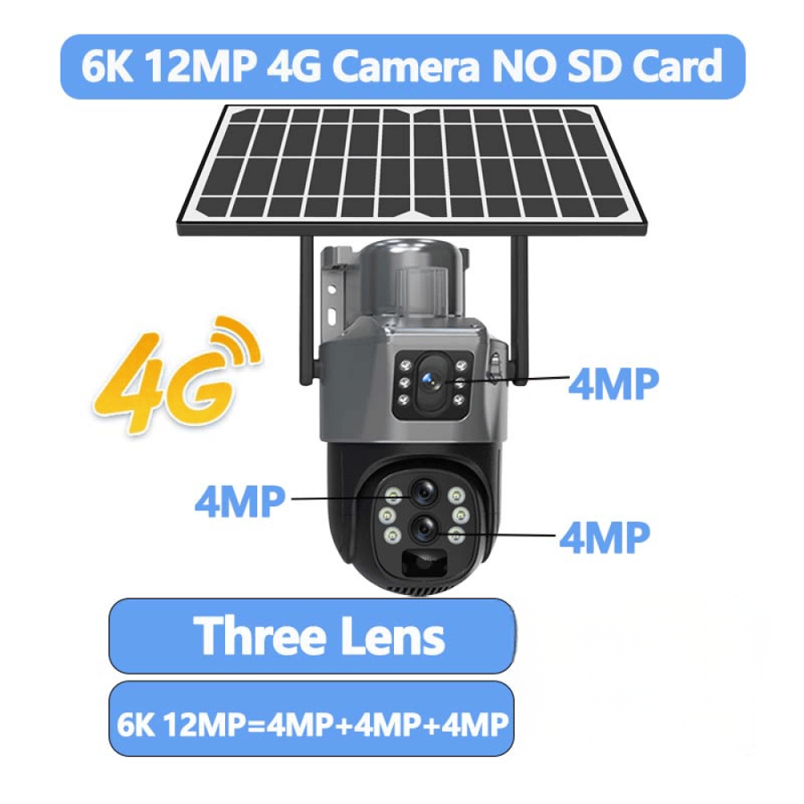 كاميرا بالطاقة الشمسية ، 3 عدسات ، 12 ميجابكسل 6K ، 4G ، 10x Zoom