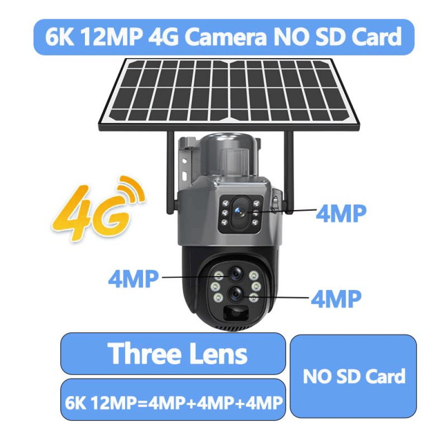 كاميرا بالطاقة الشمسية ، 3 عدسات ، 12 ميجابكسل 6K ، 4G ، 10x Zoom