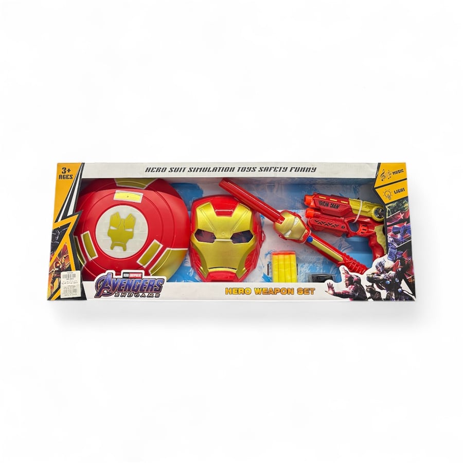 A gun with an Iron Man mask