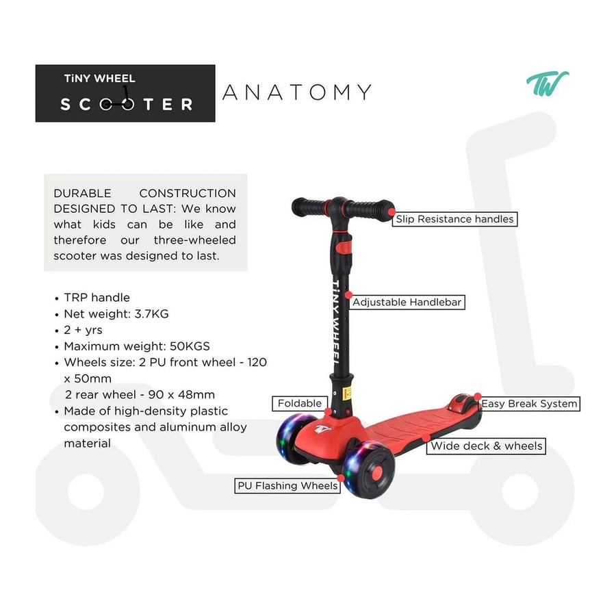 Tiny Will scooter red and black 3 tires foldable
