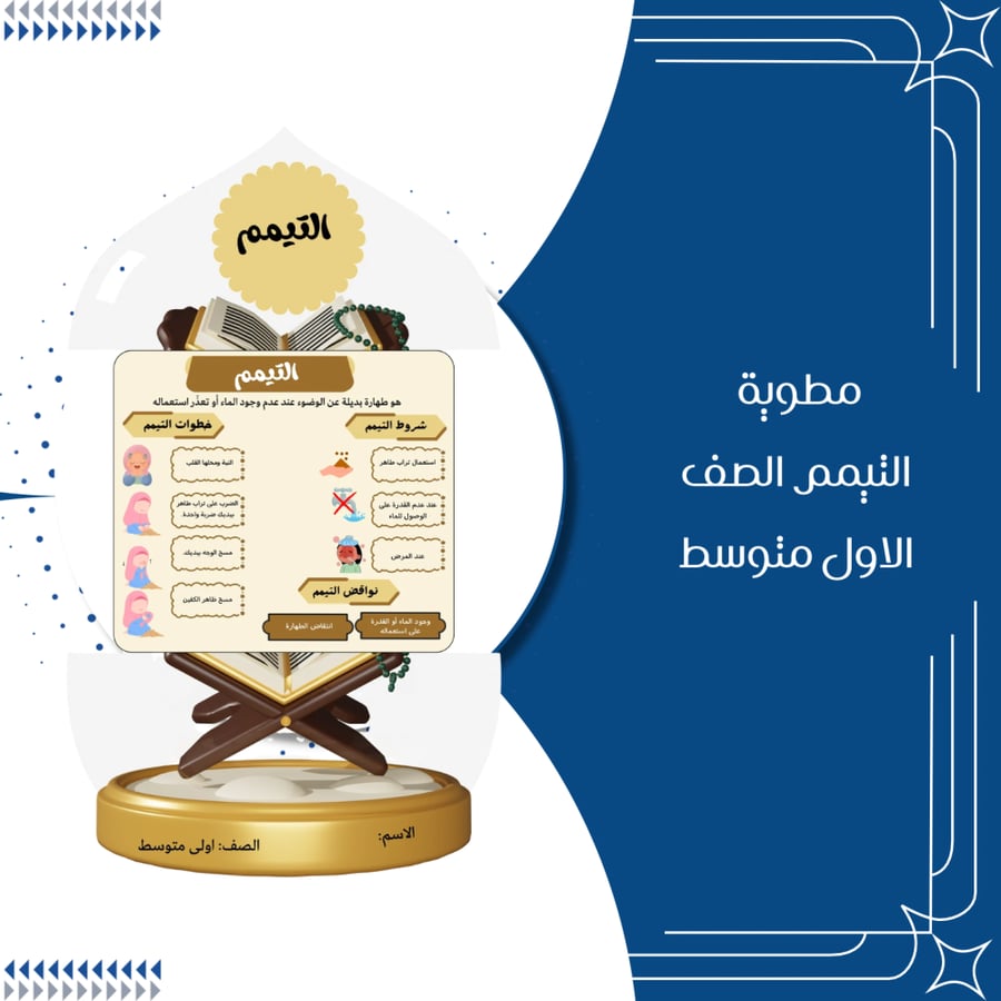 مطوية التيمم اسلامية الصف اول متوسط الترم الاول
