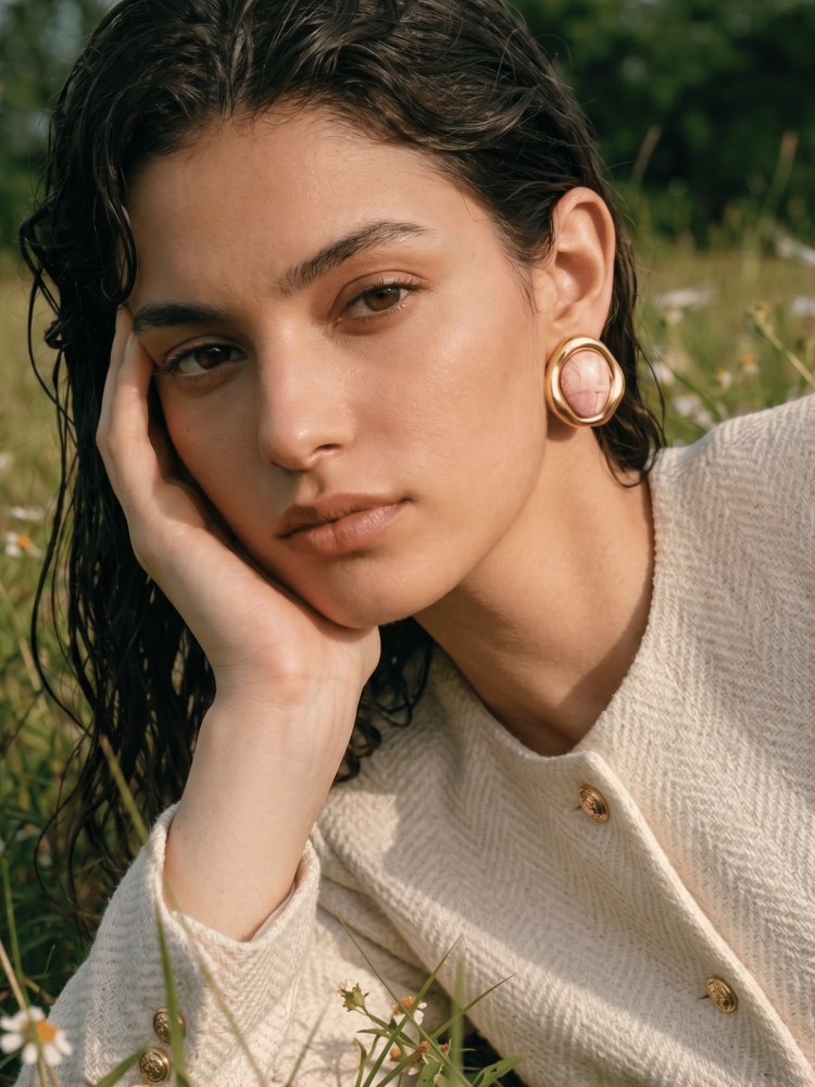 Molten Frame Gem Stud Earrings