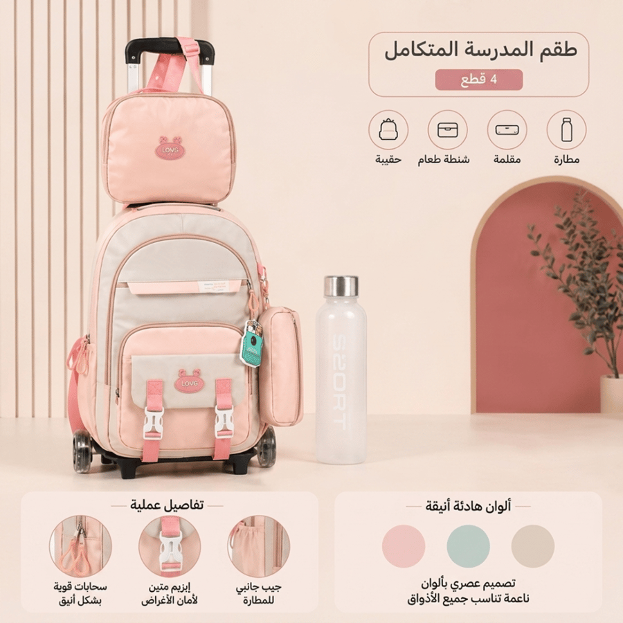طقم المدرسة المتكامل حقيبة 2*1 ظهر وعربية شنطة طعام مقلمة مطارة