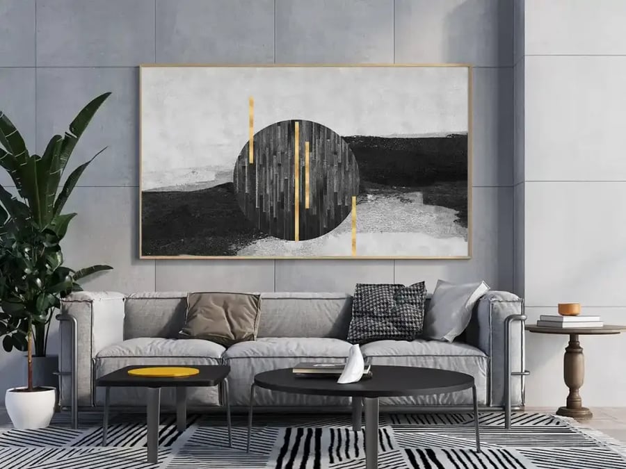 لوحة دائرة هندسية سوداء بخطوط ذهبية – كانفس مودرن أفقية