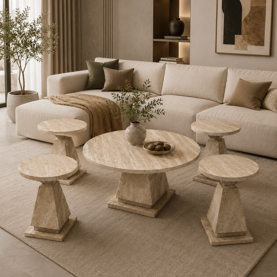 طقم طاولات قهوة مودرن – 5 قطع بتصميم هندسي أنيق
