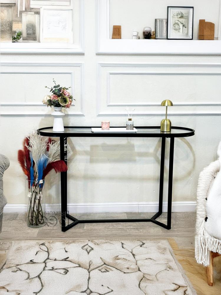 كونسول مدخل حديد أسود وسطح زجاج شفاف