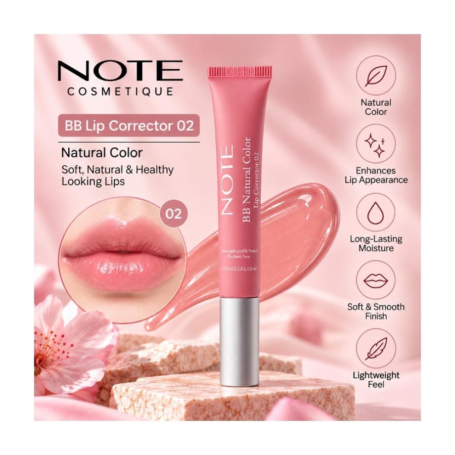مصحح الشفاه بي بي ليب كوريكتر من نوت رقم 02 لون وردي طبيعي 12 مل - NOTE BB Natural Color Lip Corrector 02