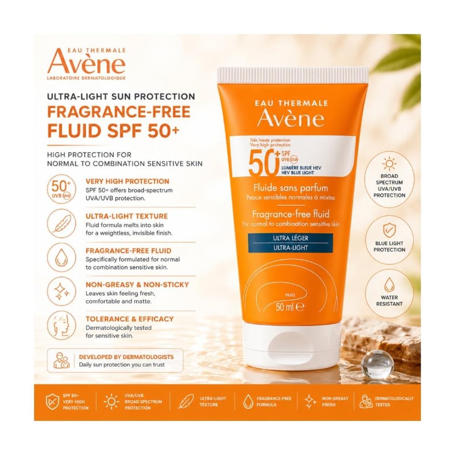 أفين فلود واقي شمس خفيف للغاية SPF 50+ للبشرة العادية والمختلطة الحساسة - 50 مل