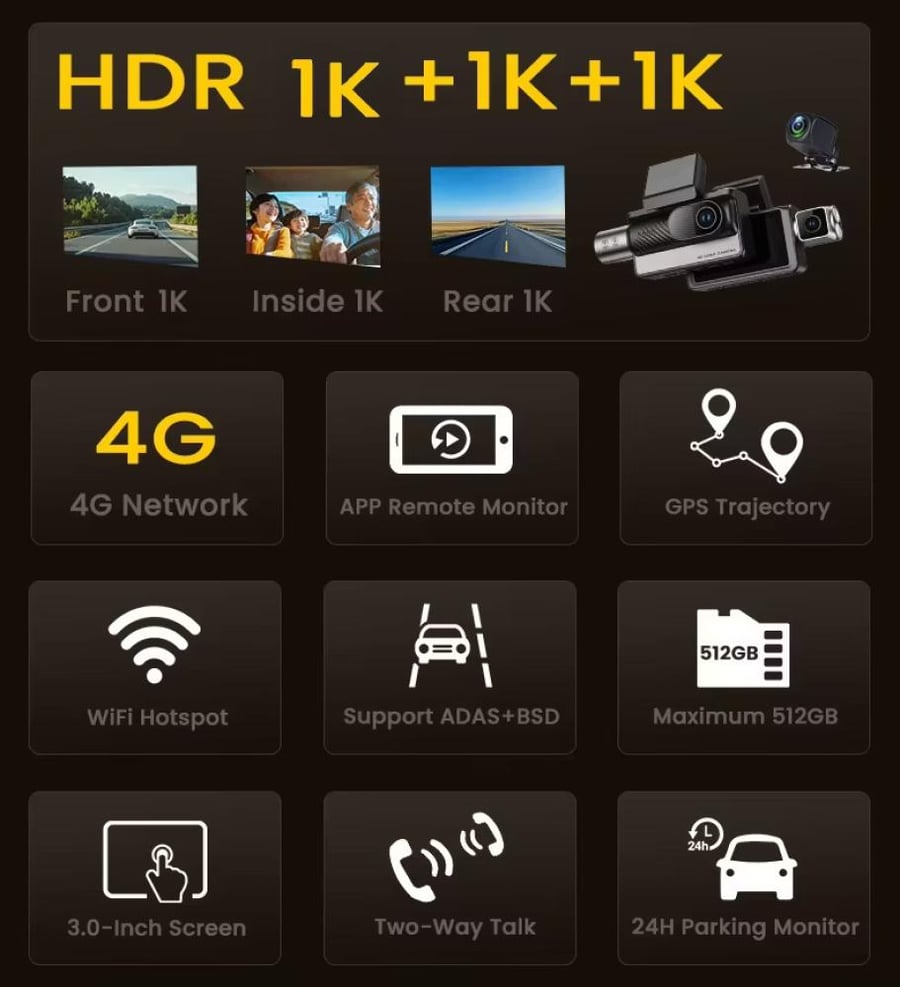 داش كام K11 ثلاث كاميرات 1K+1K+1K | 4G + GPS | مراقبة عن بُعد | تسجيل مستمر | ADAS + BSD | شاشة لمس 3 بوصة