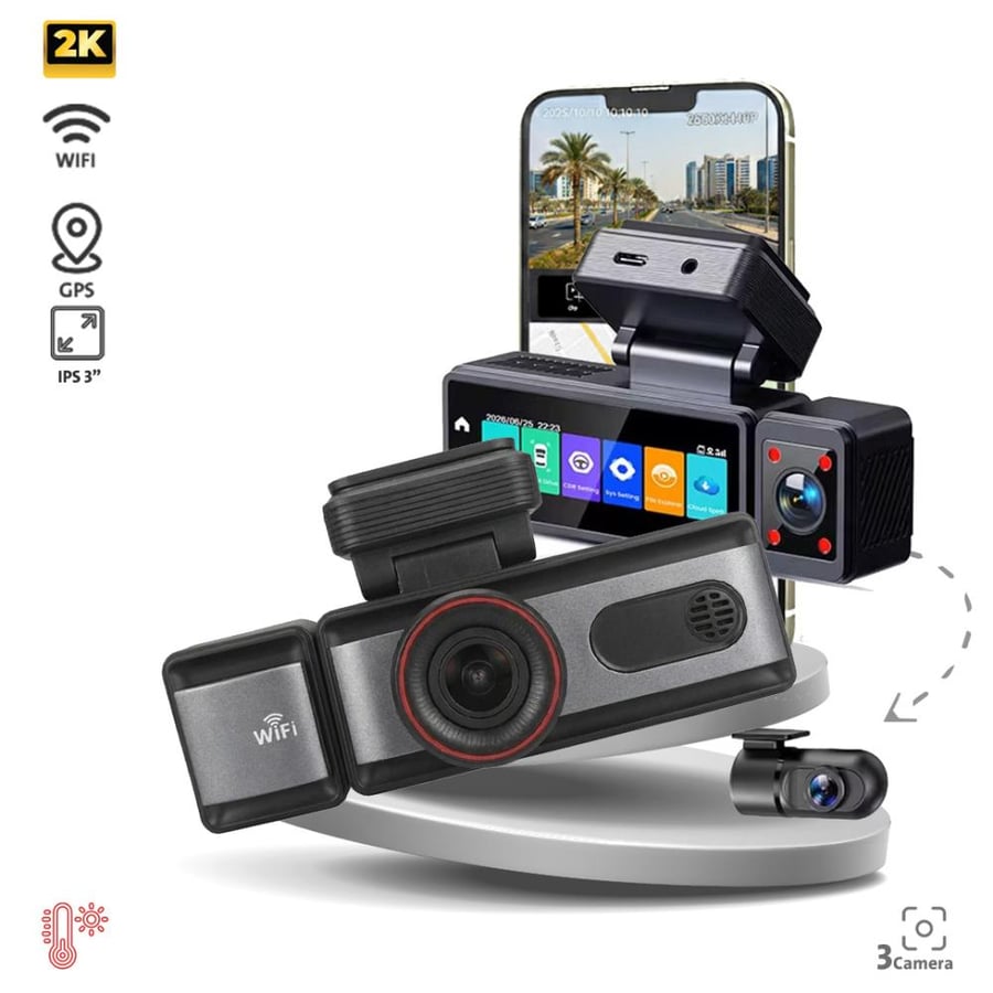 داش كام K10 ثلاث كاميرات 2K+1K+1K | WIFI+ GPS | تسجيل مستمر | شاشة لمس 3 بوصة
