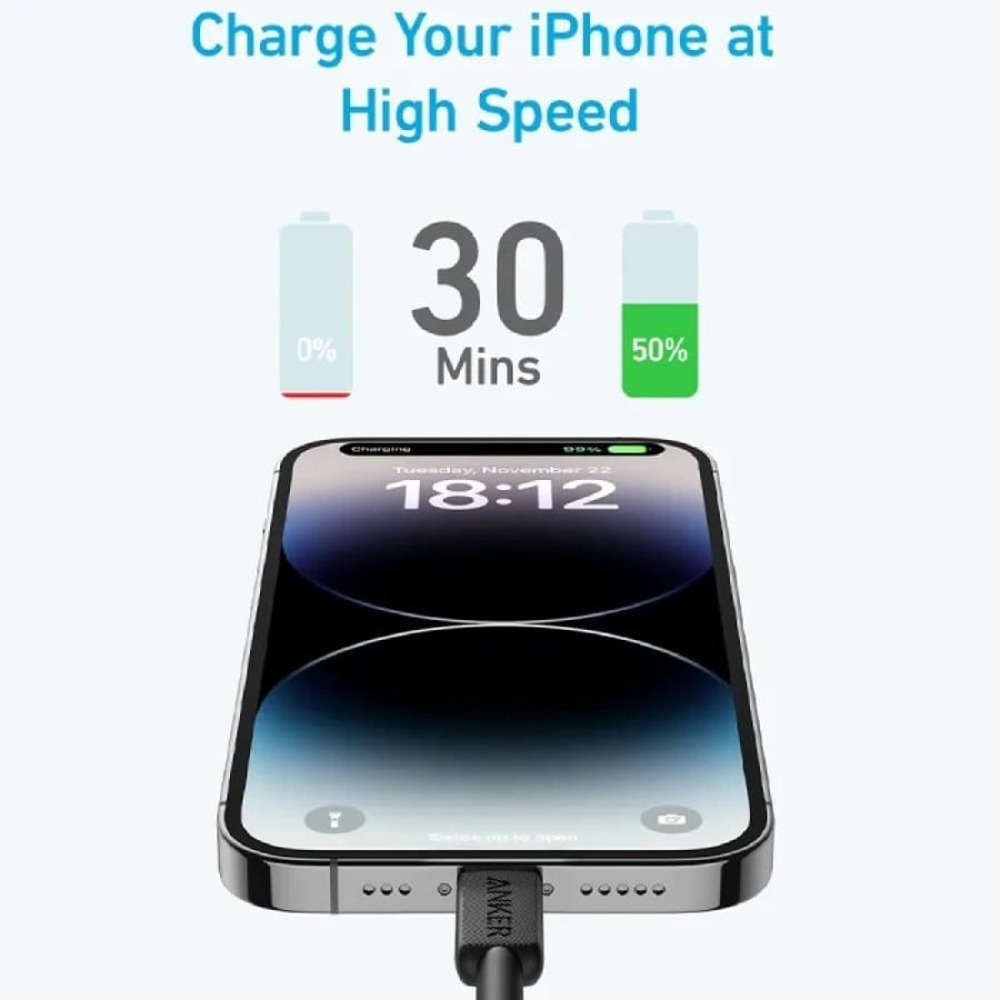 أنكر 322 كابل USB-C إلى Lightning مضفر - 0.9 متر - أسود