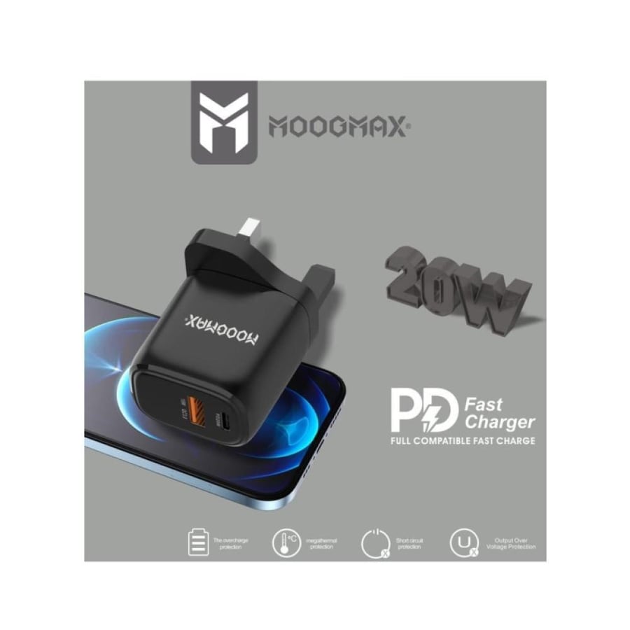 موج ماكس شاحن منفذين - PD 20 واط - أسود - MAX-MX21