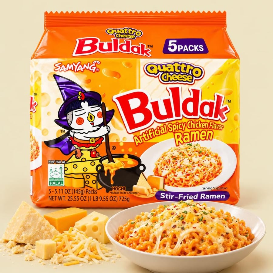 رامن كواترو تشيز بنكهة الدجاج الحار ساميانج بولداك 5 × 145 جرام | Samyang Buldak Quattro Cheese
