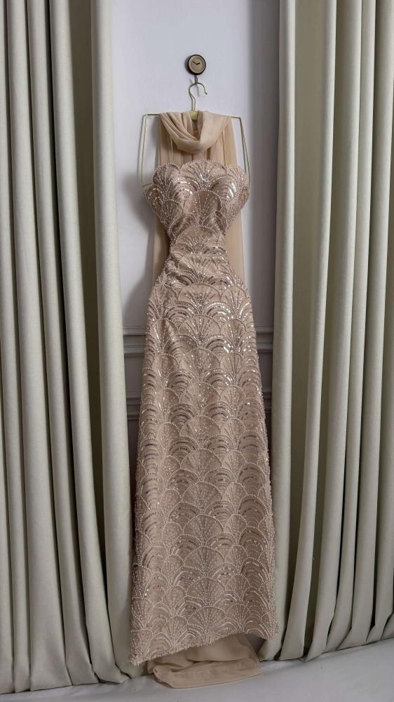 strapless mermaid sequin beaded evening dress
