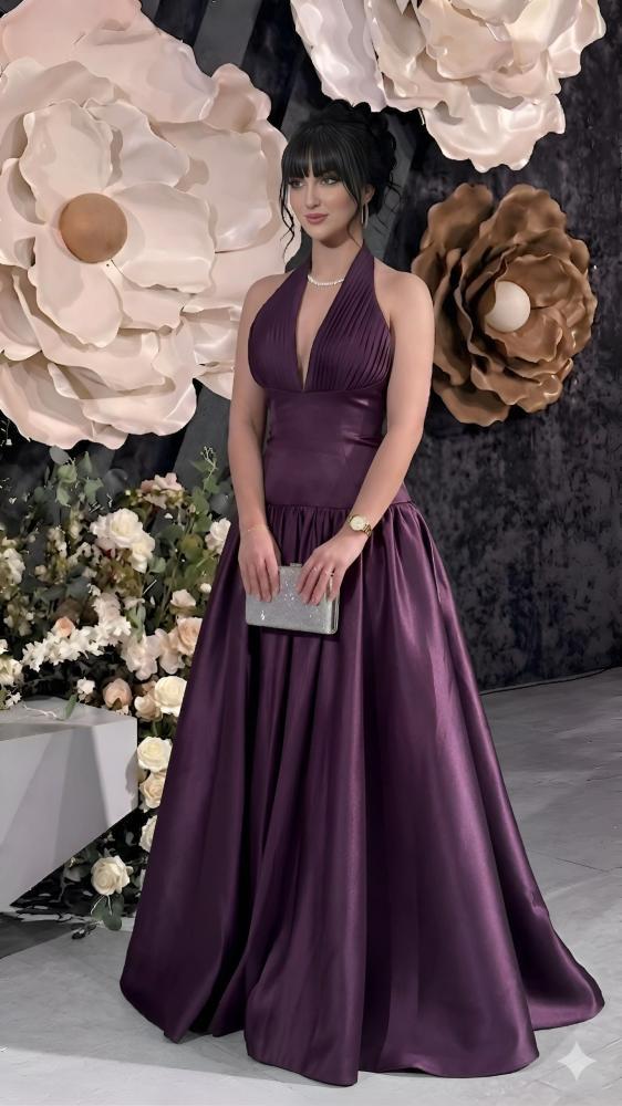 halter satin full skirt evening dress