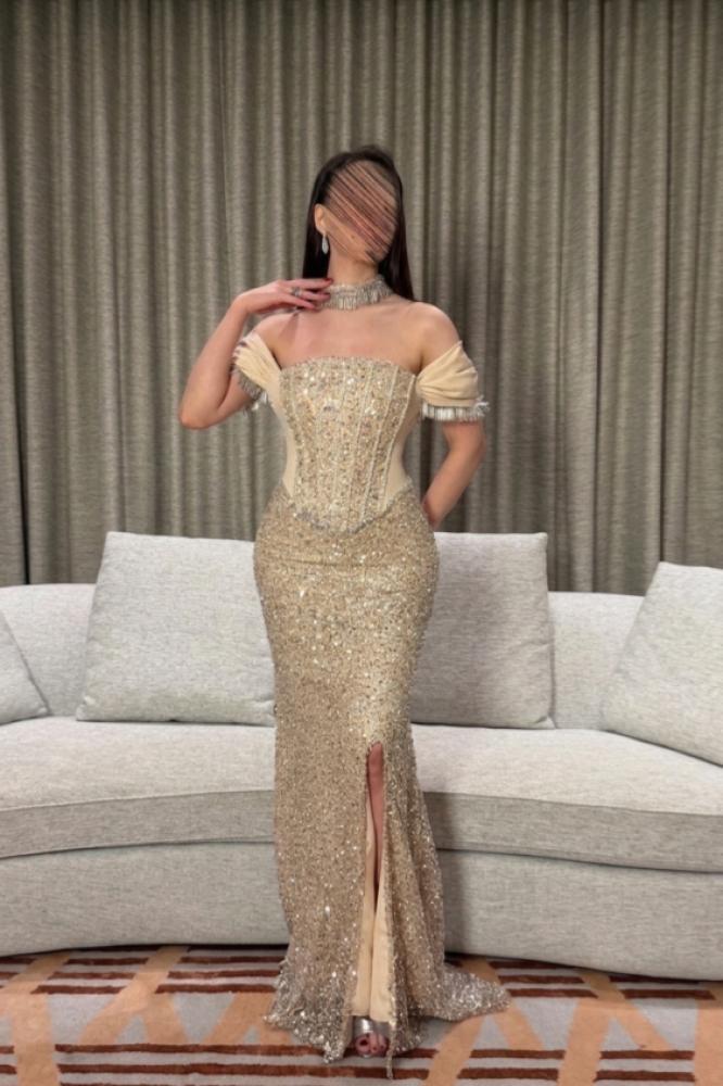 off shoulder beaded evening dress