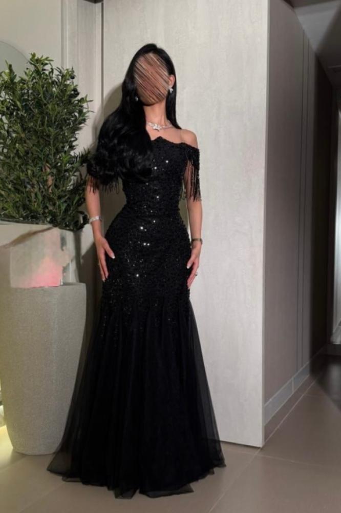 off shoulder tulle beaded evening dress