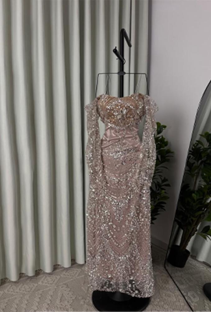 tulle satin sequin beaded evening dress