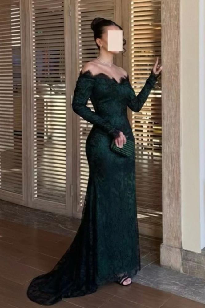 off shoulder lace evening dress