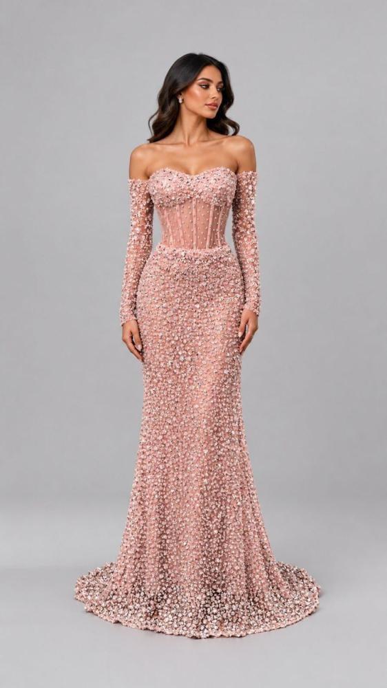 off shoulder corset beaded floral evening dress