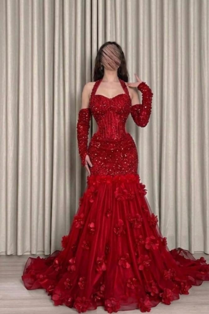 halter beaded floral evening dress
