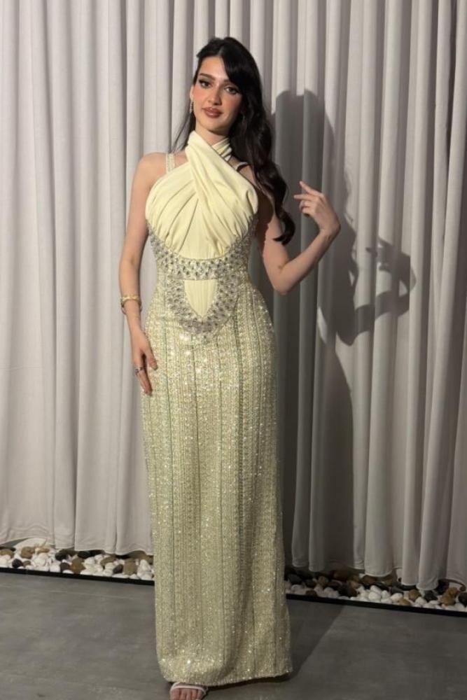 halter beaded evening dress