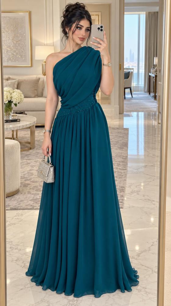 one shoulder crystal evening dress