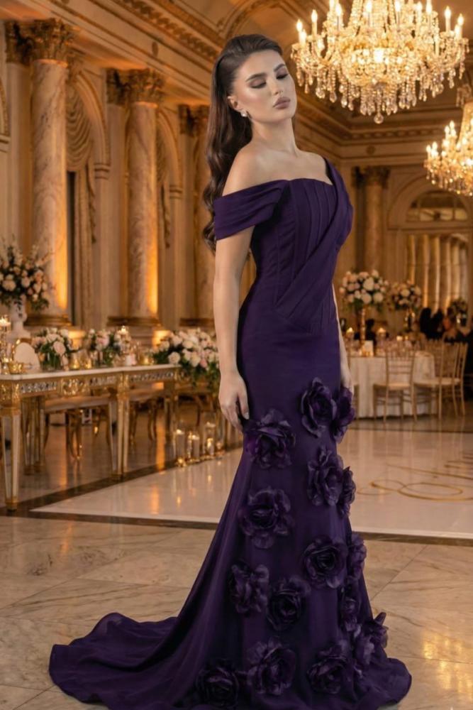 off shoulder floral evening dress
