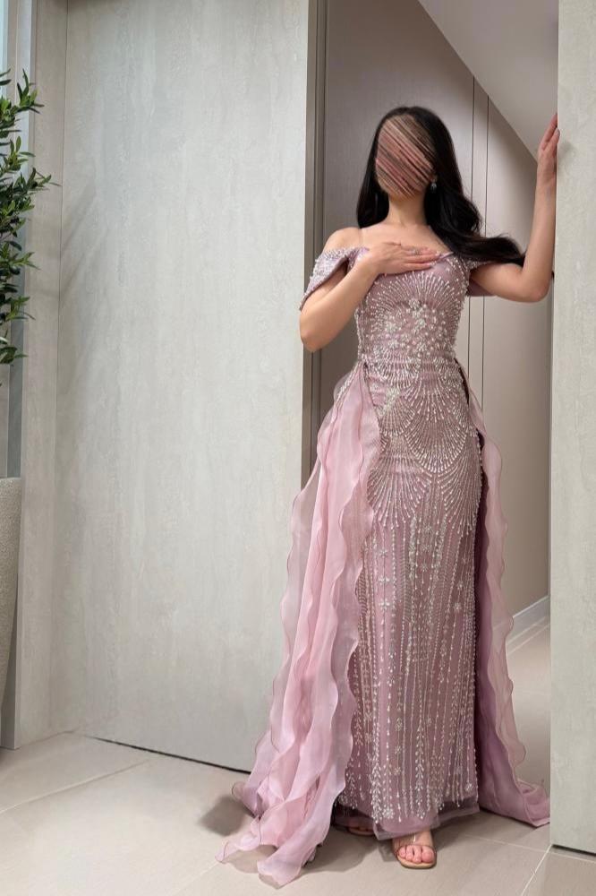 off shoulder beaded cape floral evening dress