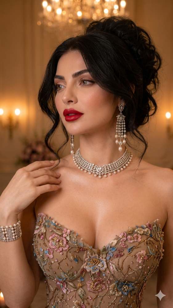 فستان سهرة بني دانتيل بزهور بارزة – همس الورد