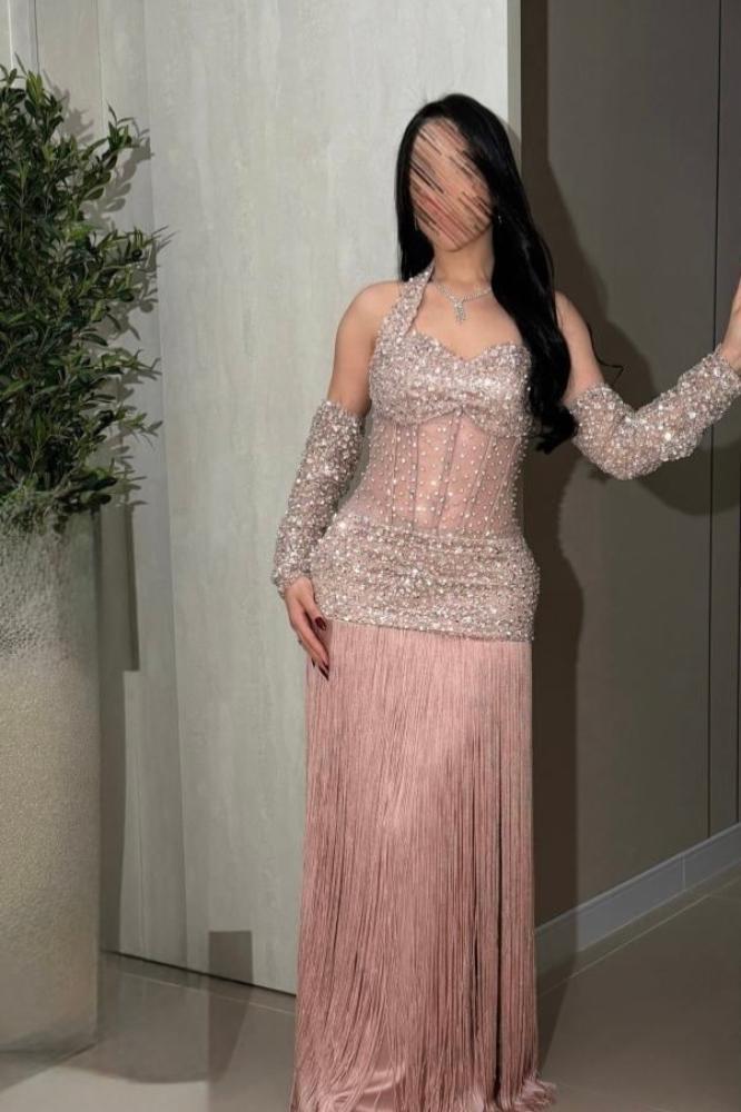 corset beaded fringe floral evening dress